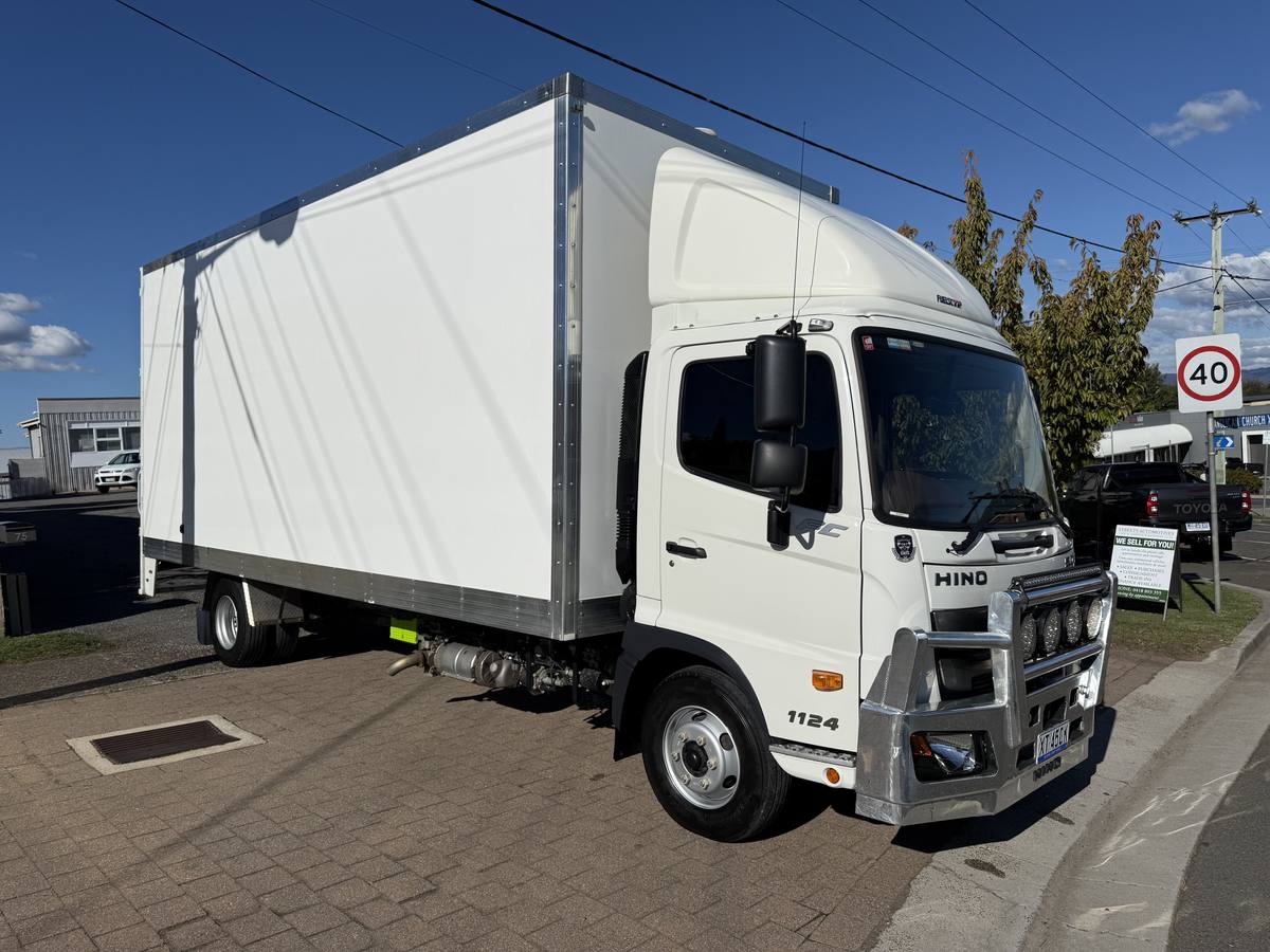 White Hino FC 1124 pantech truck with alloy bull bar and light bar, sold by Streets Automotives in Deloraine